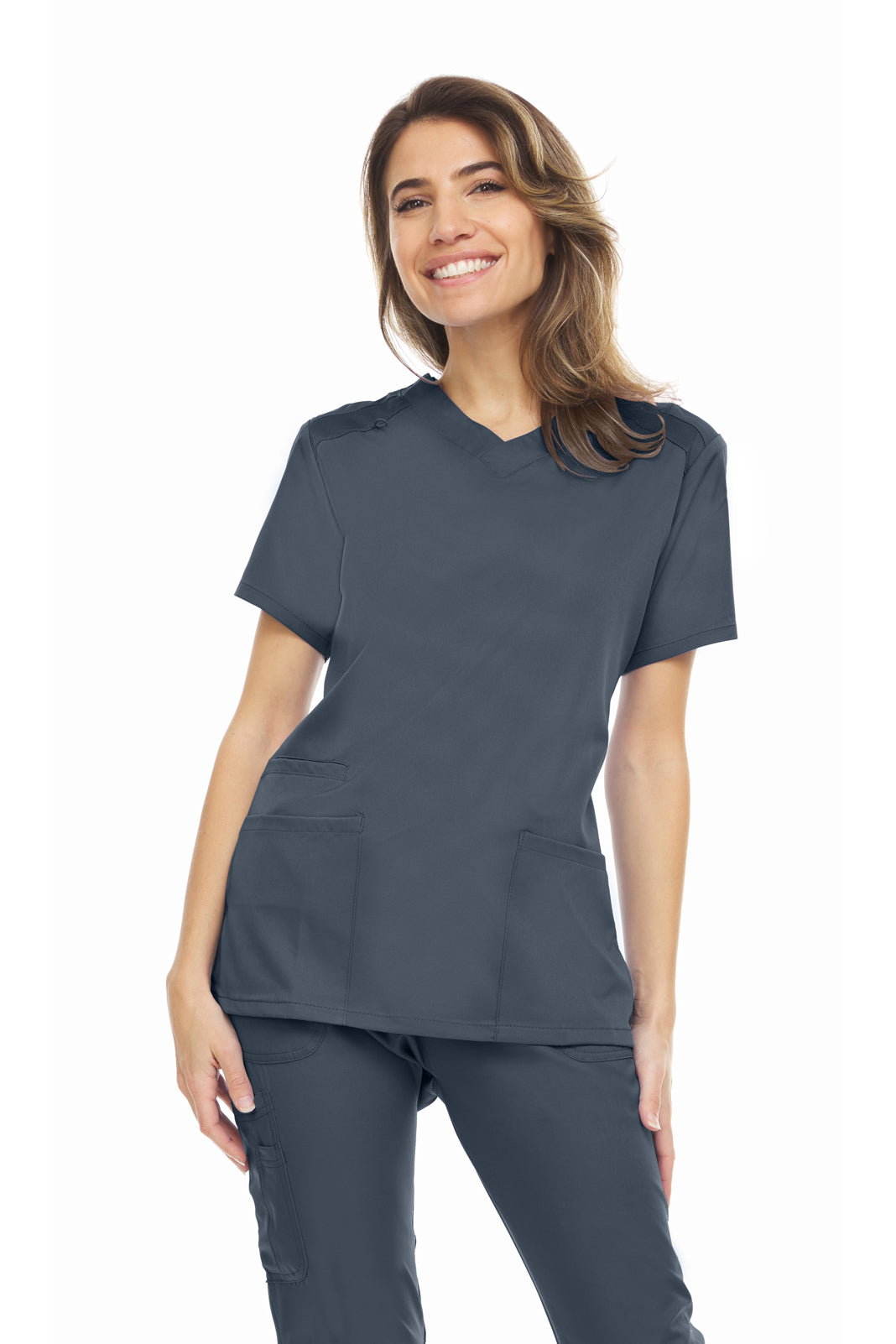 MediChic Scrubs Mesh Yoke V-Neck Scrub Top with Three Pockets
