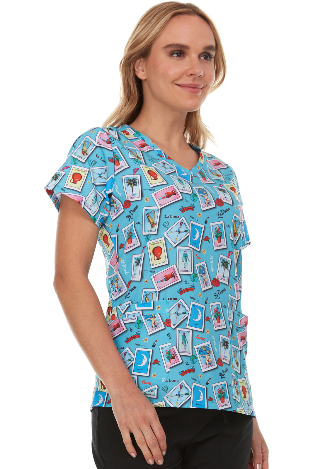 Don Clemente Loteria V-Neck Print Scrub Top | L4511-57