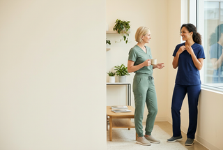MediChic blog banner featuring healthcare professionals in navy and sage scrubs